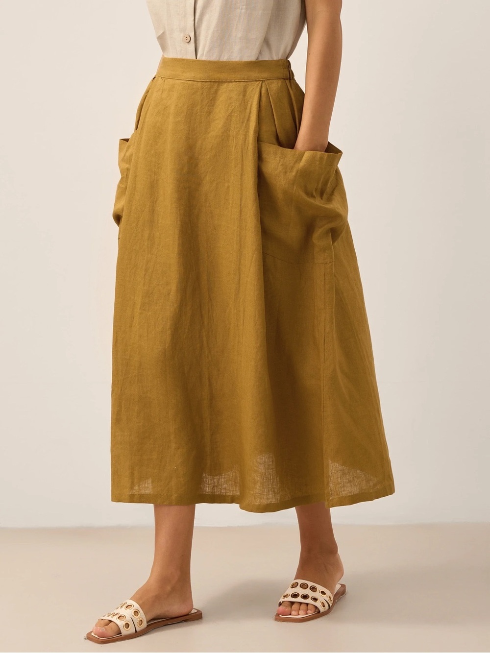 Lintico Marina Linen Elastic Waist Midi Skirt in Mustard Size XXL